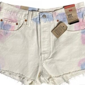 Levi's White Denim Shorts with Pink & Blue Tie-Dye Accents
